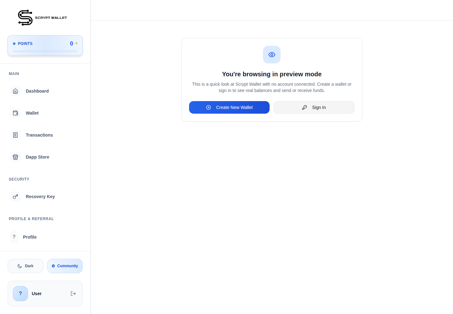 Current Scrypt Wallet web application in preview mode